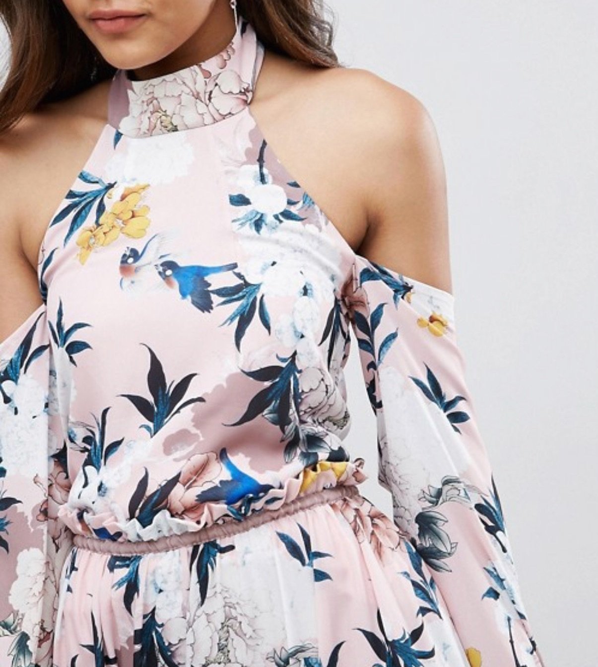 TIYA BLACK High Neck Cold Shoulder Floral Dress - CHIC Kuwait Luxury Outlet