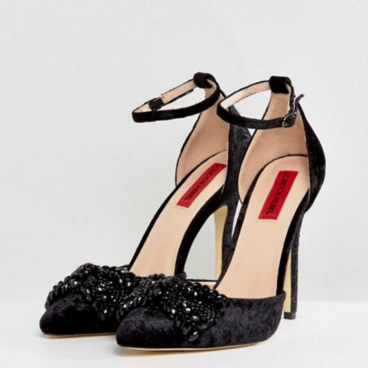 London Rebel Velvet Black Bow Point Heels - CHIC Kuwait Luxury Outlet