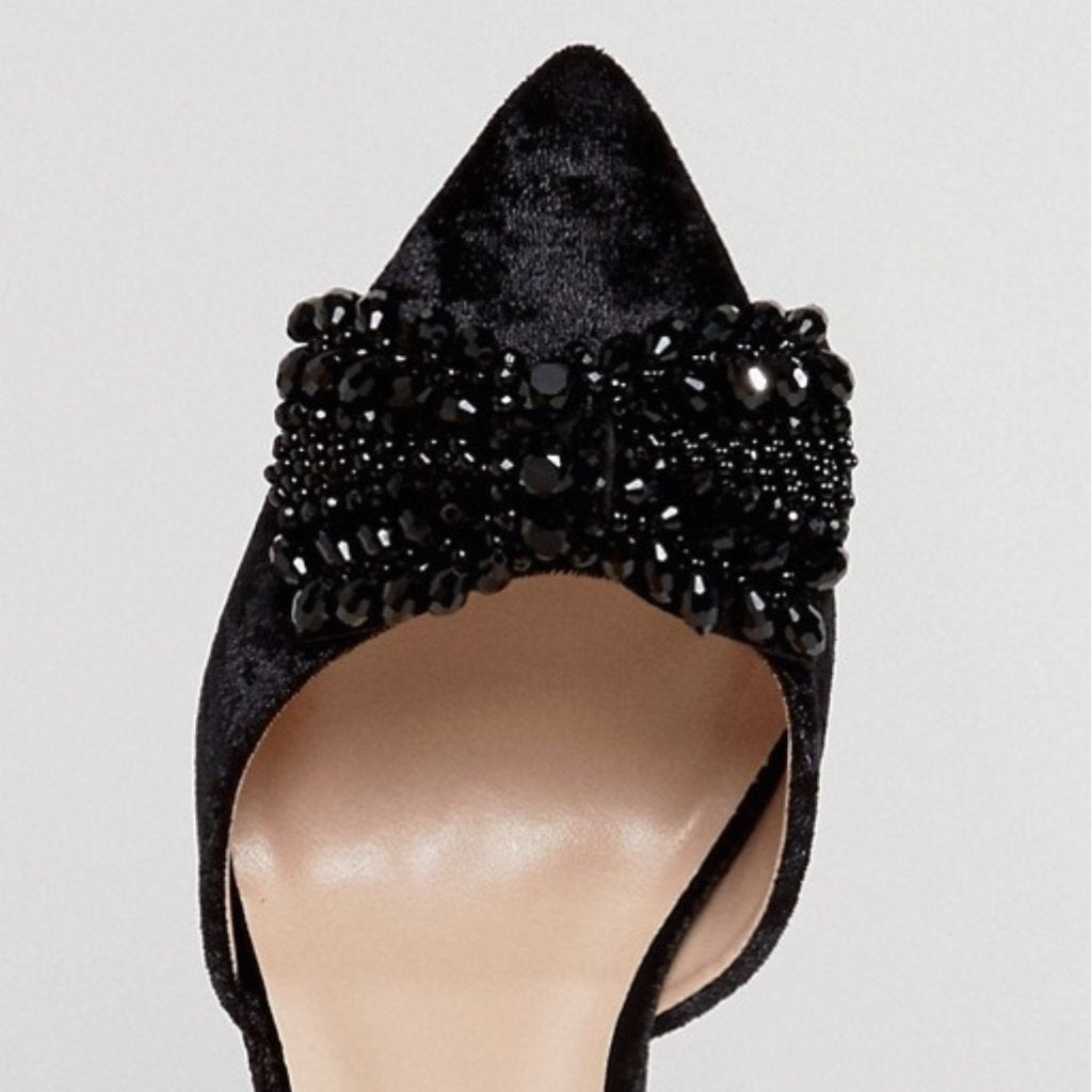 London Rebel Velvet Black Bow Point Heels - CHIC Kuwait Luxury Outlet