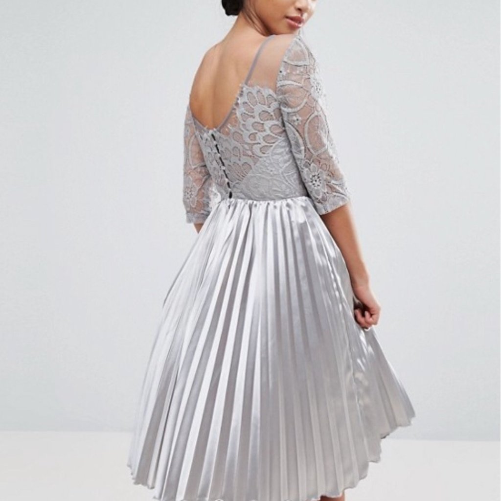 Chi Chi London Petite Lace Dress Pleated Skirt Grey - chickuwait.com