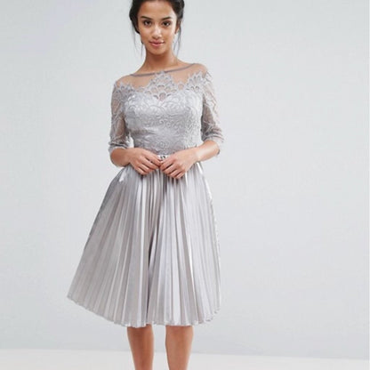 Chi Chi London Petite Lace Dress Pleated Skirt Grey - chickuwait.com